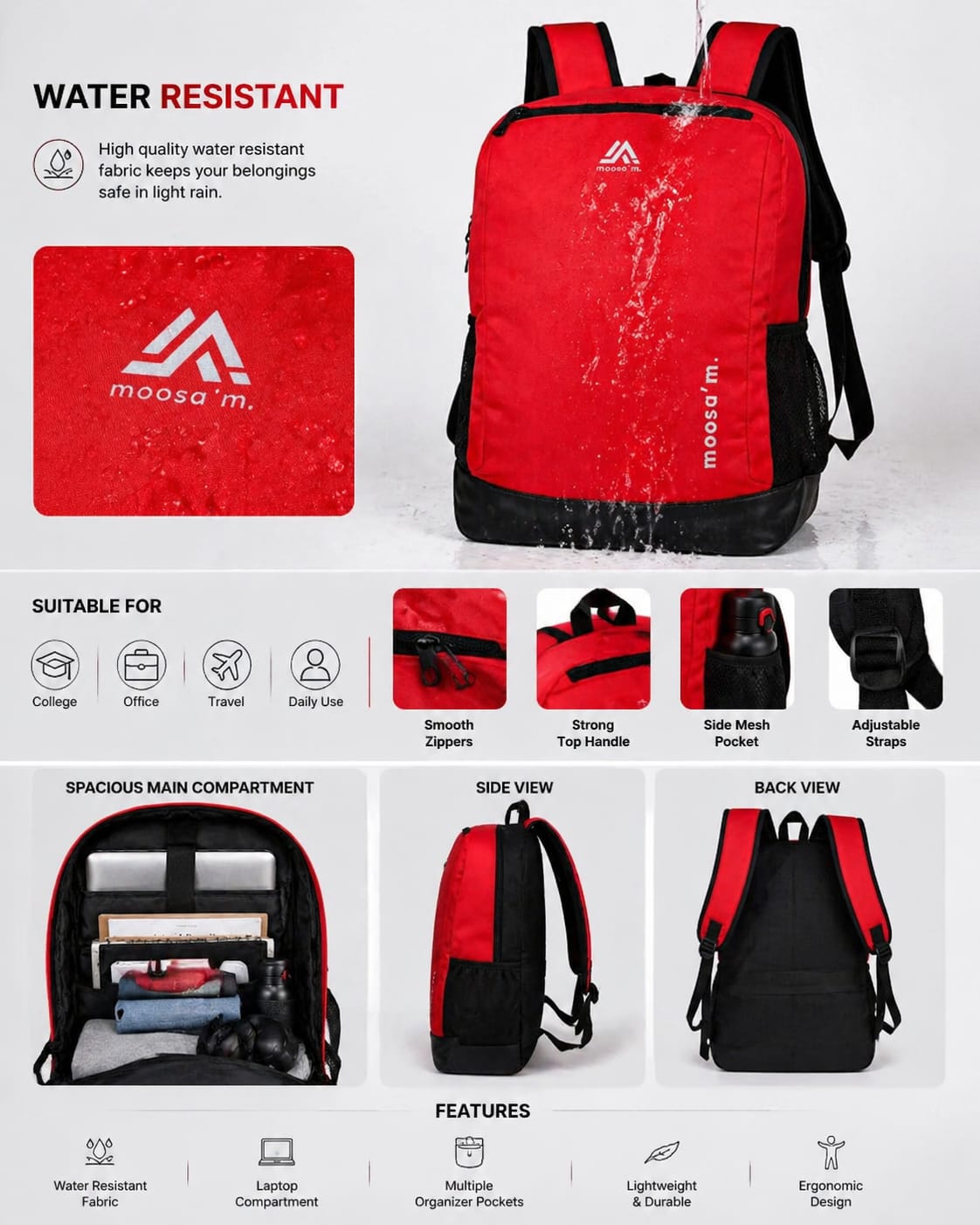 Moosa'm Smart Carry Pro – Red & Black Premium Laptop Backpack