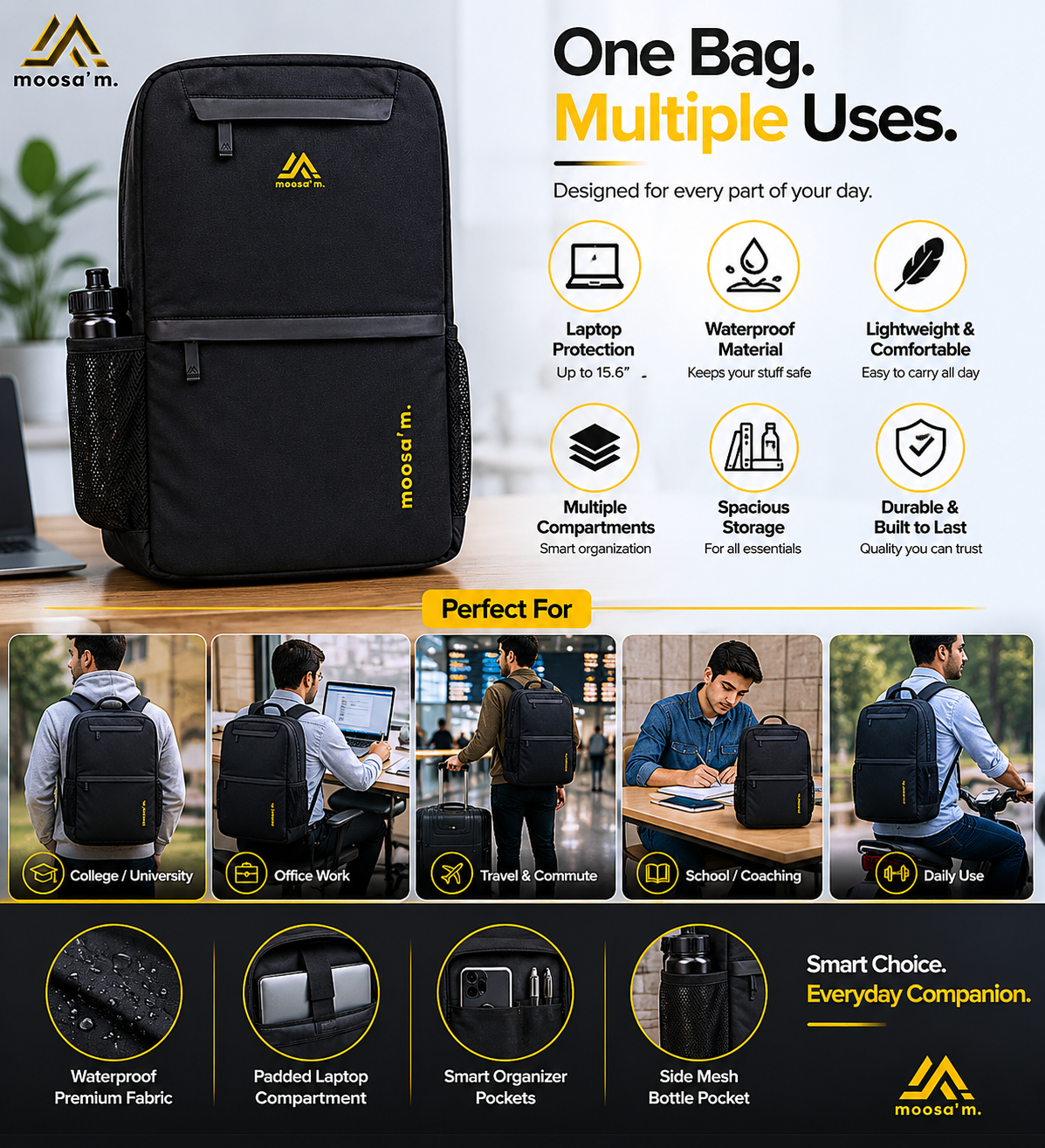 Moosa’m UrbanShield Pro Backpack – Waterproof Laptop & Daily Use Bag