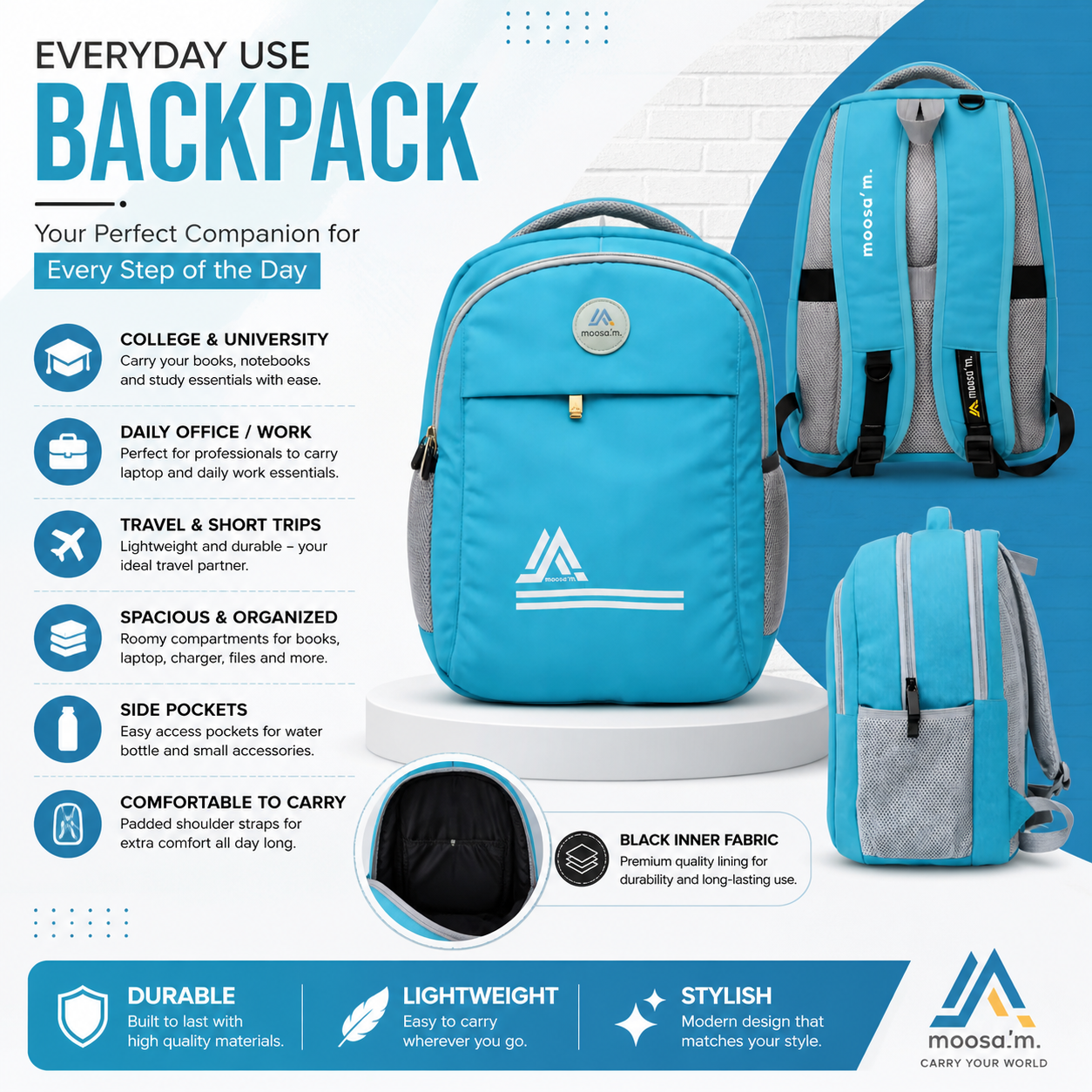 Moosa'm GoPack – Sky Blue Premium College Backpack