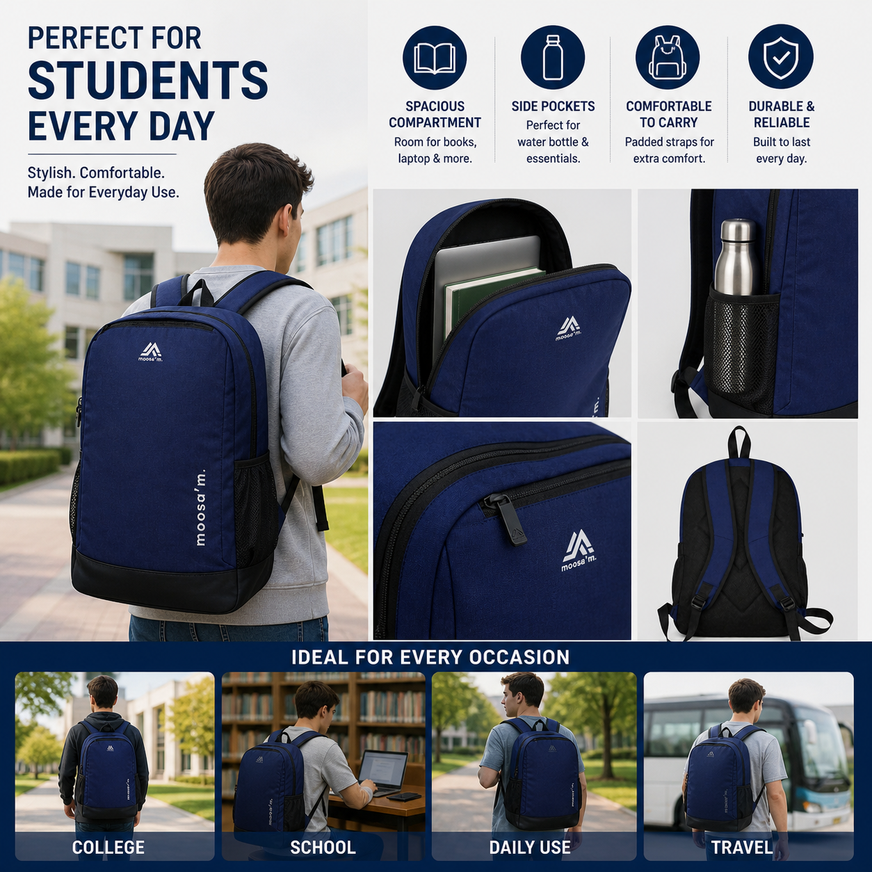 Smart Carry Pro Backpack – Premium College & Daily Use Bag (Black & Blue)