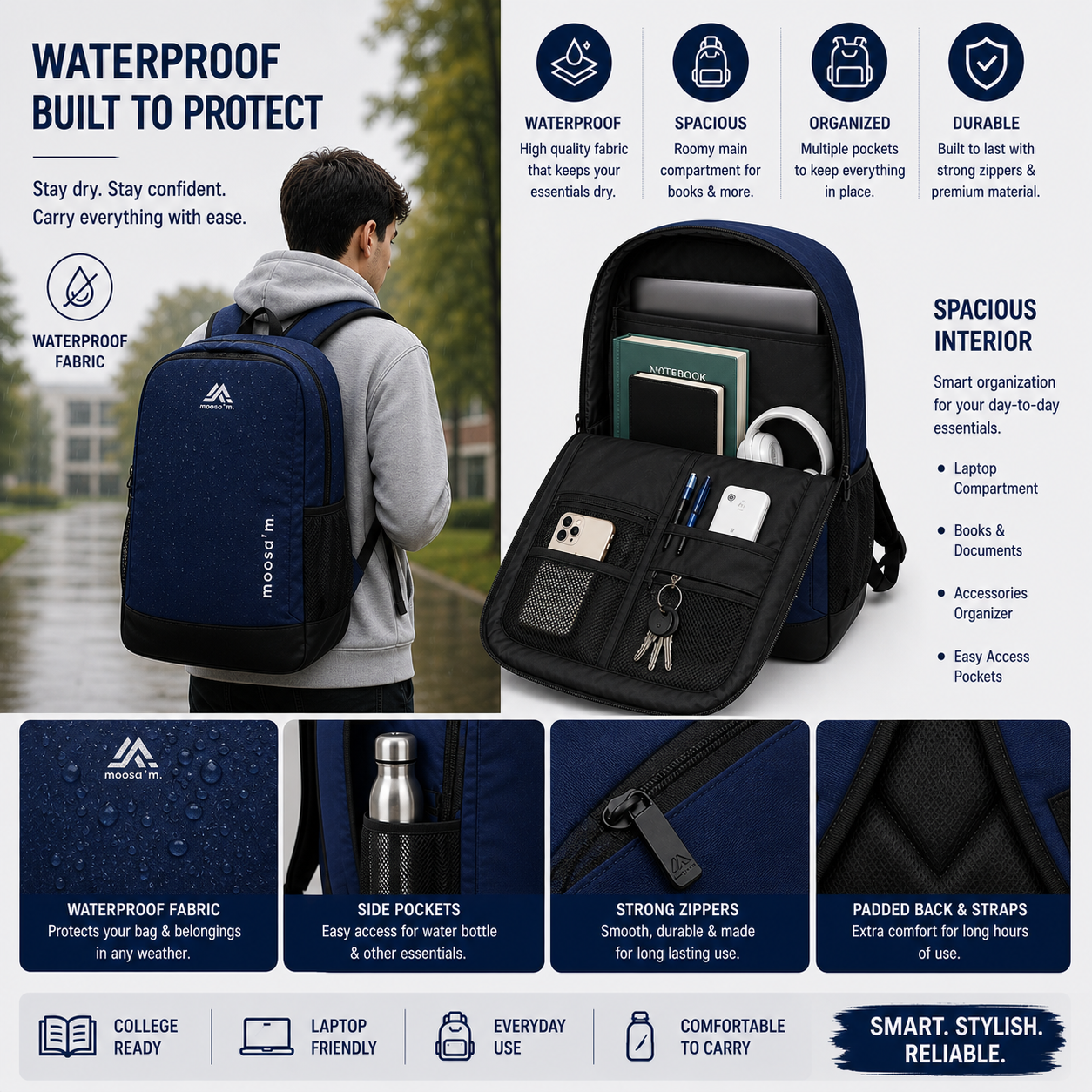 Smart Carry Pro Backpack – Premium College & Daily Use Bag (Black & Blue)