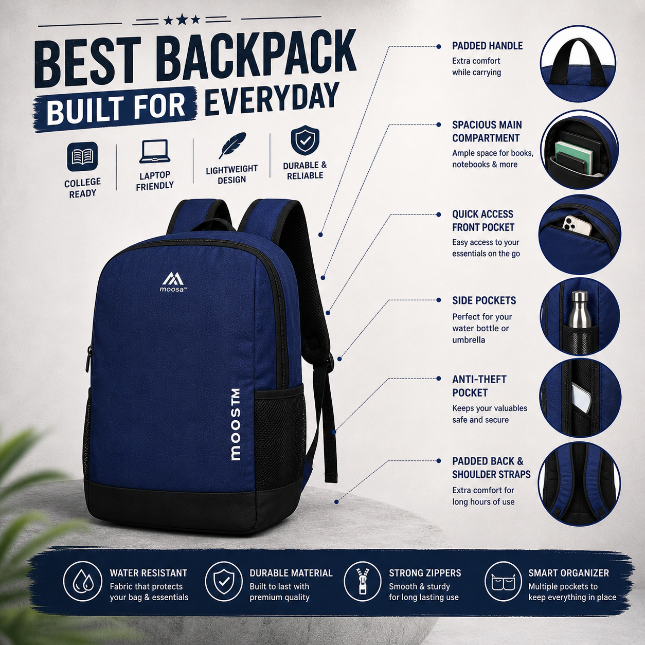 Smart Carry Pro Backpack – Premium College & Daily Use Bag (Black & Blue)
