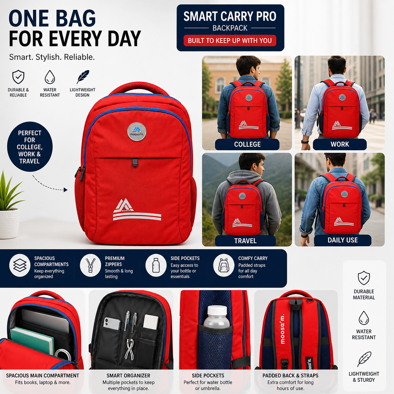 Moosa’m GoPack Backpack – Stylish College & Everyday Use Bag (Red & Blue)