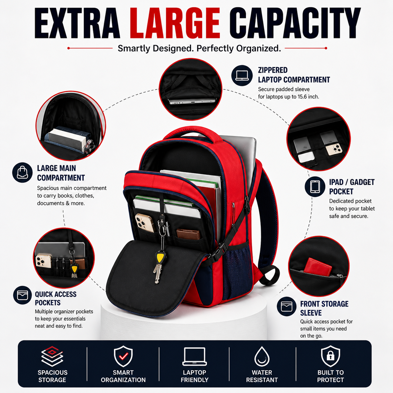 Moosa’m GoPack Backpack – Stylish College & Everyday Use Bag (Red & Blue)