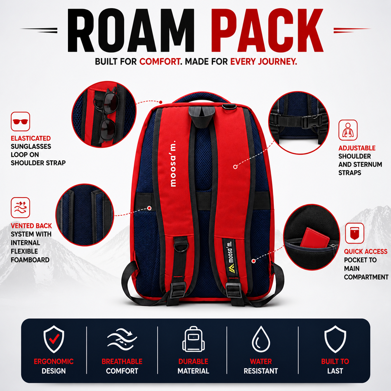 Moosa’m GoPack Backpack – Stylish College & Everyday Use Bag (Red & Blue)