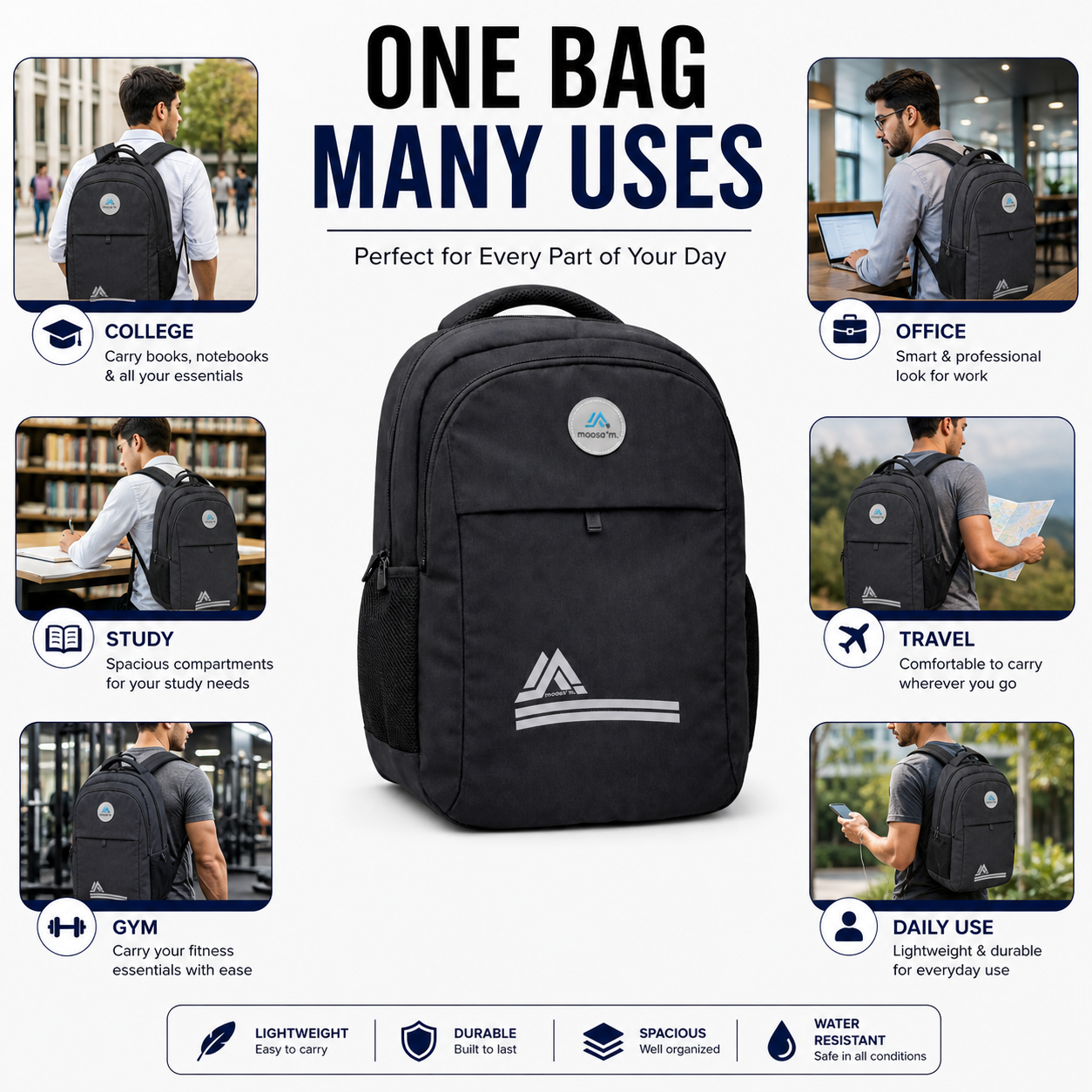 Moosa’m GoPack – Smart Everyday Backpack for Students & Office (Lightweight & Durable)