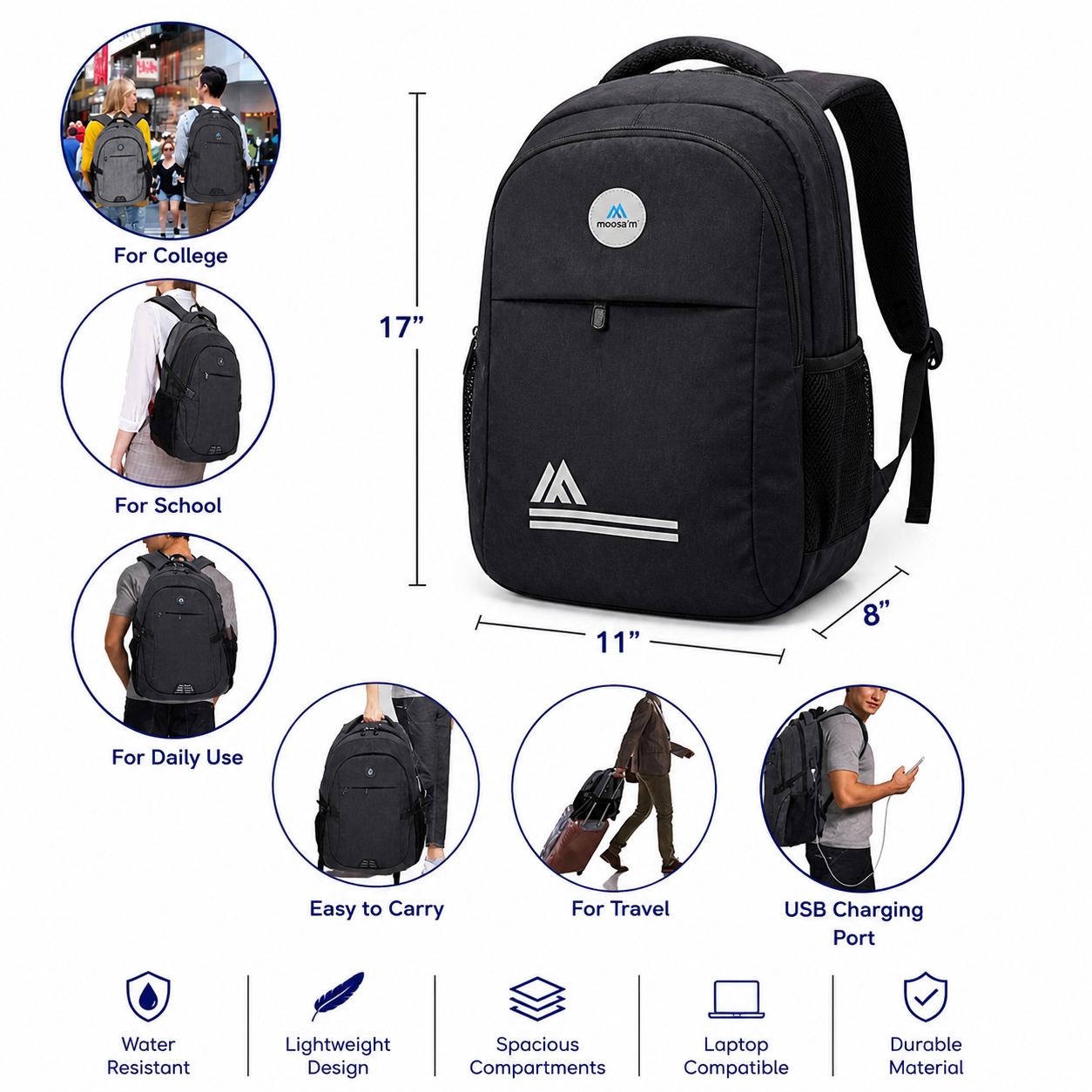 Moosa’m GoPack – Smart Everyday Backpack for Students & Office (Lightweight & Durable)