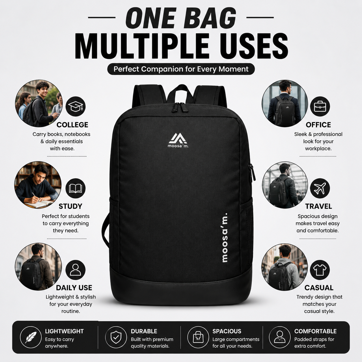 Moosa’m Smart Carry Pro Backpack | Lightweight Waterproof Laptop & Daily Use Bag