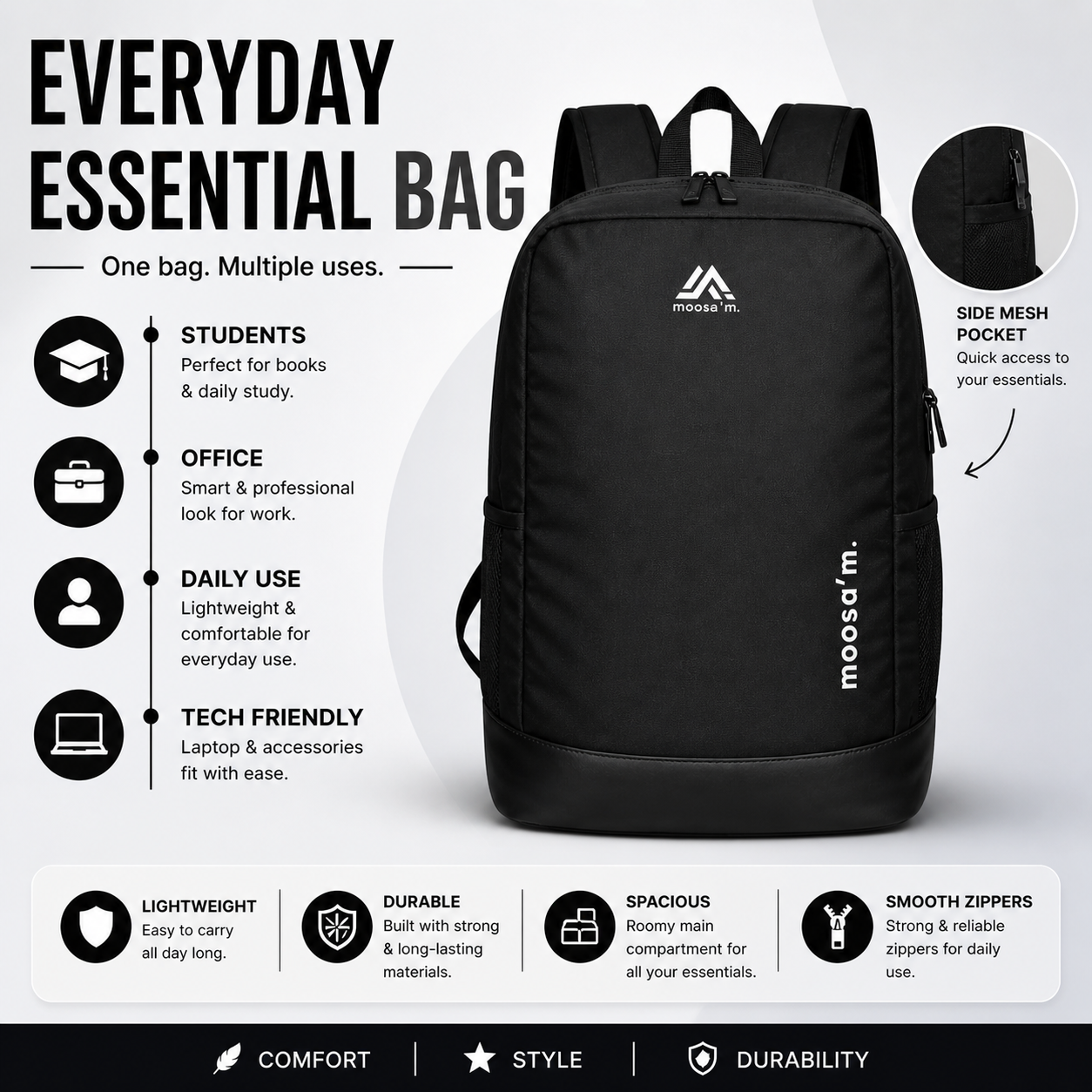 Moosa’m Smart Carry Pro Backpack | Lightweight Waterproof Laptop & Daily Use Bag