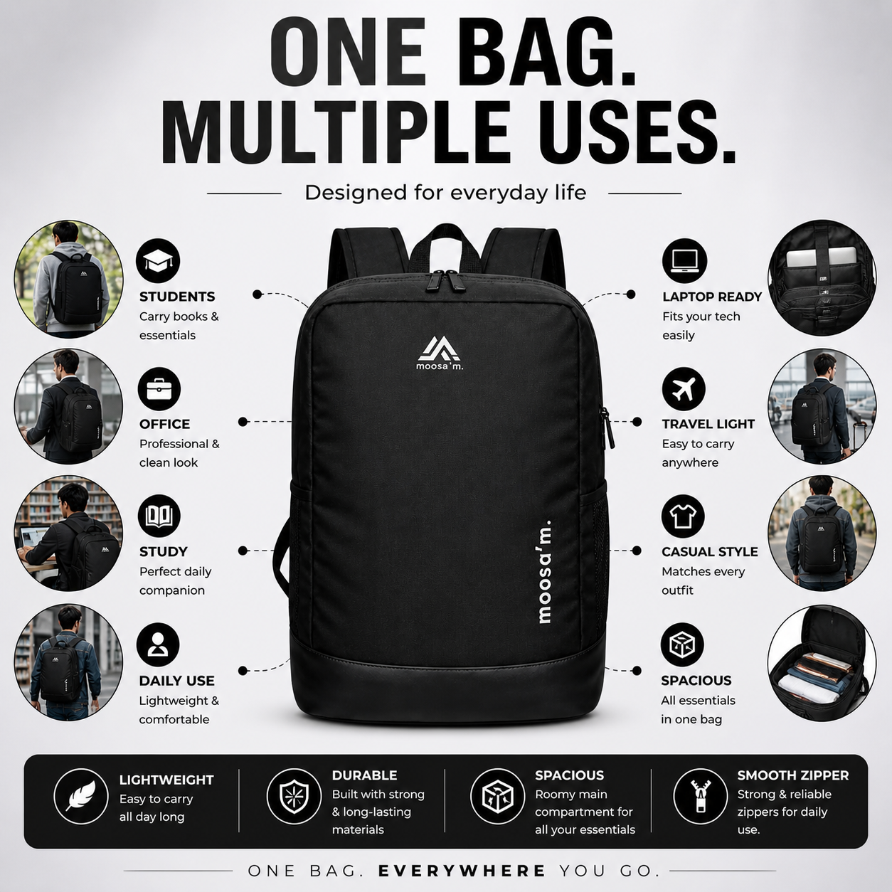 Moosa’m Smart Carry Pro Backpack | Lightweight Waterproof Laptop & Daily Use Bag