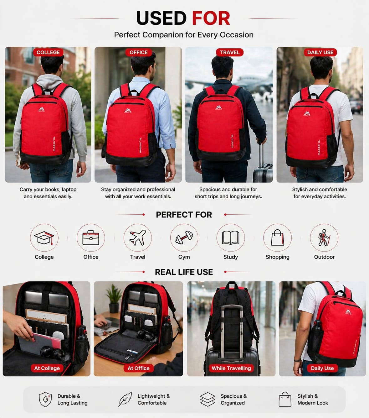 Moosa'm Smart Carry Pro – Red & Black Premium Laptop Backpack