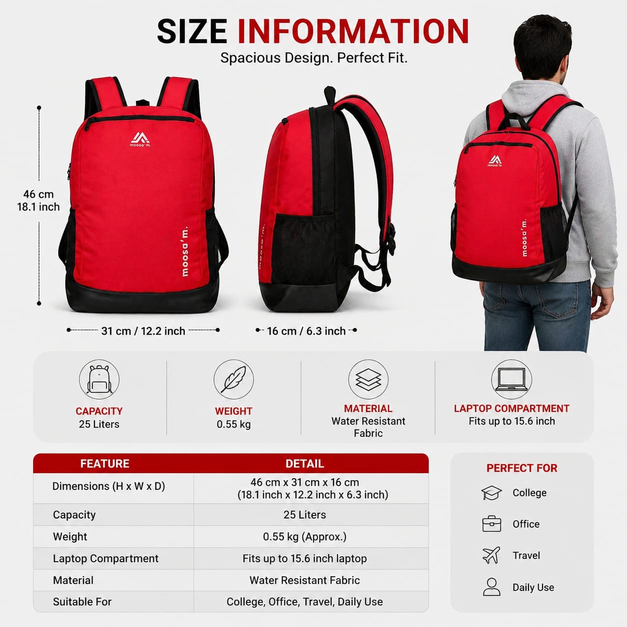 Moosa'm Smart Carry Pro – Red & Black Premium Laptop Backpack
