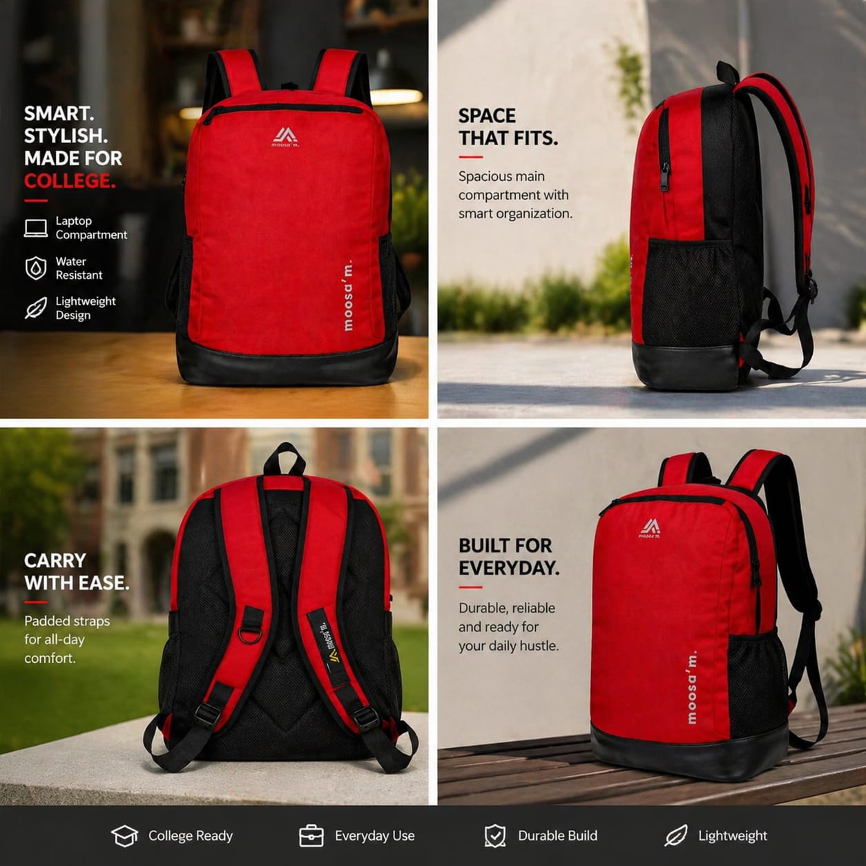 Moosa'm Smart Carry Pro – Red & Black Premium Laptop Backpack