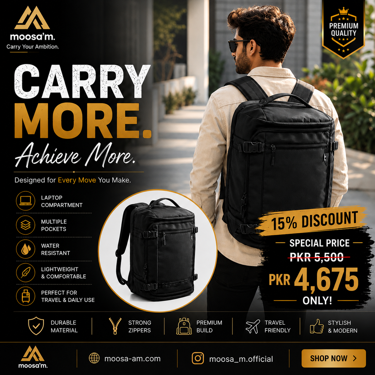 Moosa'm JetPack Pro Black Premium Travel and Laptop Bag