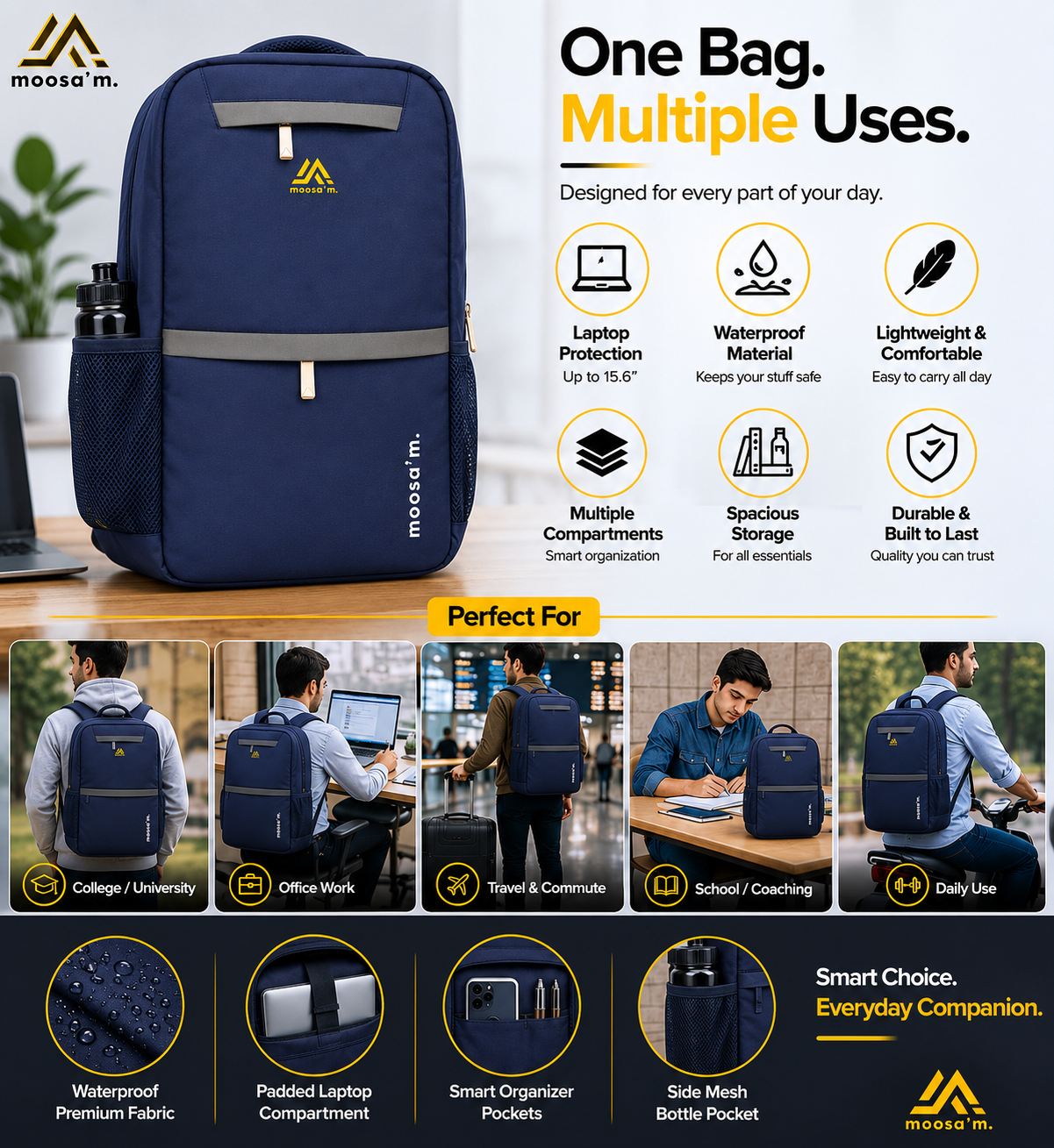 Moosa’m UrbanShield Pro Backpack – Waterproof Laptop & Daily Use Bag